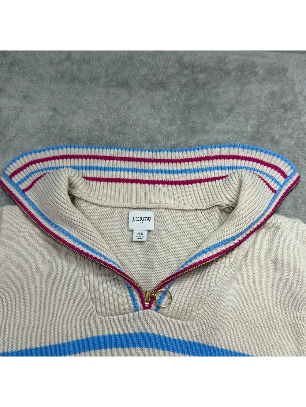 J Crew Womens XS Striped Quarter Zip Sweater Cotton Blue Cream Nautical Preppy